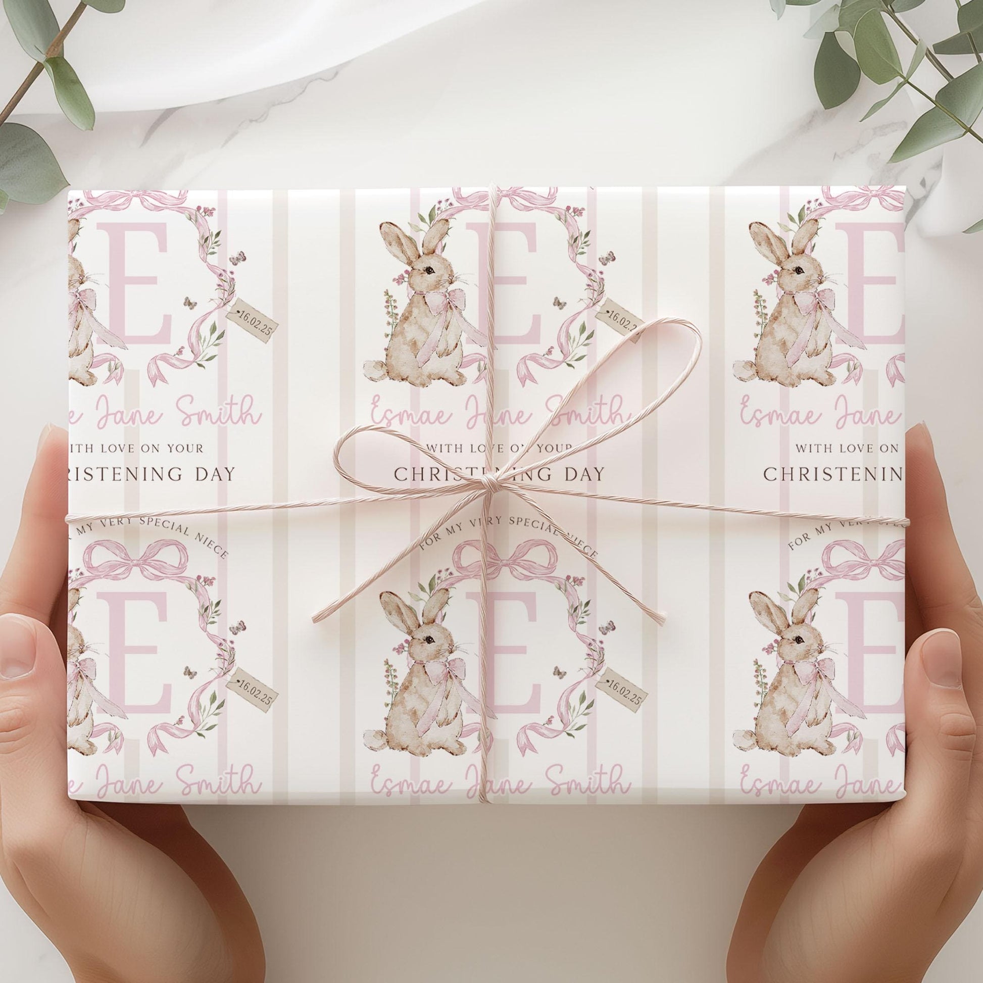 Girl's Christening Gift Wrapping Paper, Personalised Christening, Baptism Gift Wrap & Card for Daughter, Granddaughter, Niece, Pink Bunny