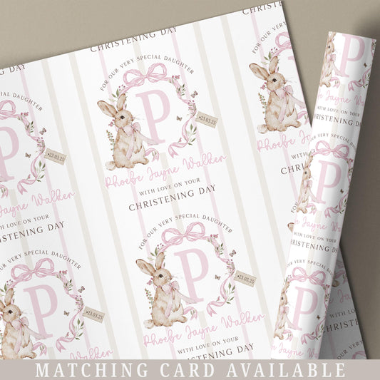 Girl's Christening Gift Wrapping Paper, Personalised Christening, Baptism Gift Wrap & Card for Daughter, Granddaughter, Niece, Pink Bunny