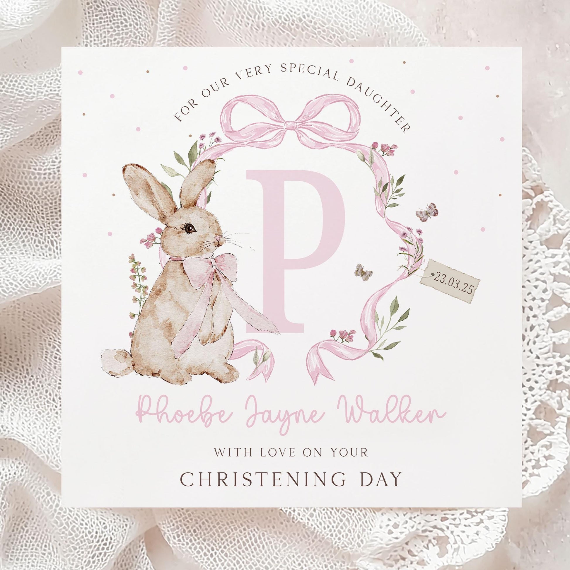 Girl's Christening Gift Wrapping Paper, Personalised Christening, Baptism Gift Wrap & Card for Daughter, Granddaughter, Niece, Pink Bunny