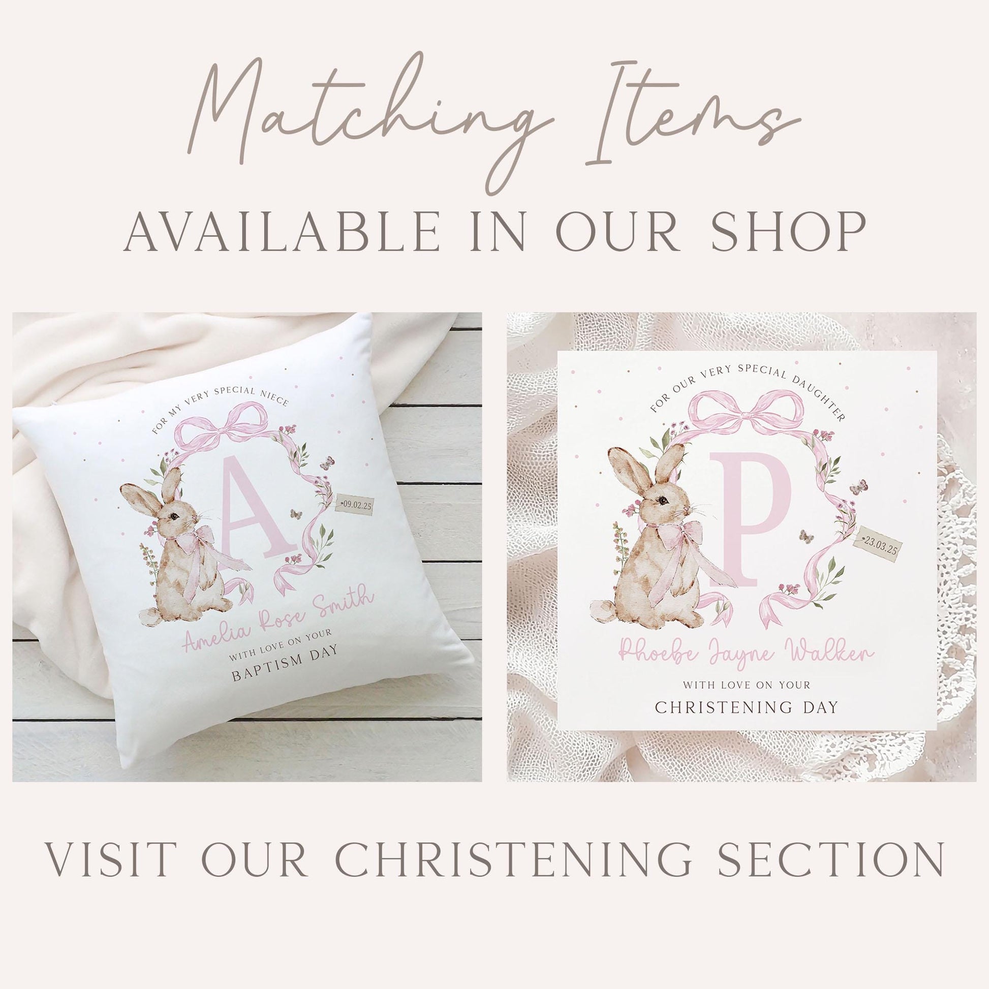 Girl's Christening Gift Wrapping Paper, Personalised Christening, Baptism Gift Wrap & Card for Daughter, Granddaughter, Niece, Pink Bunny