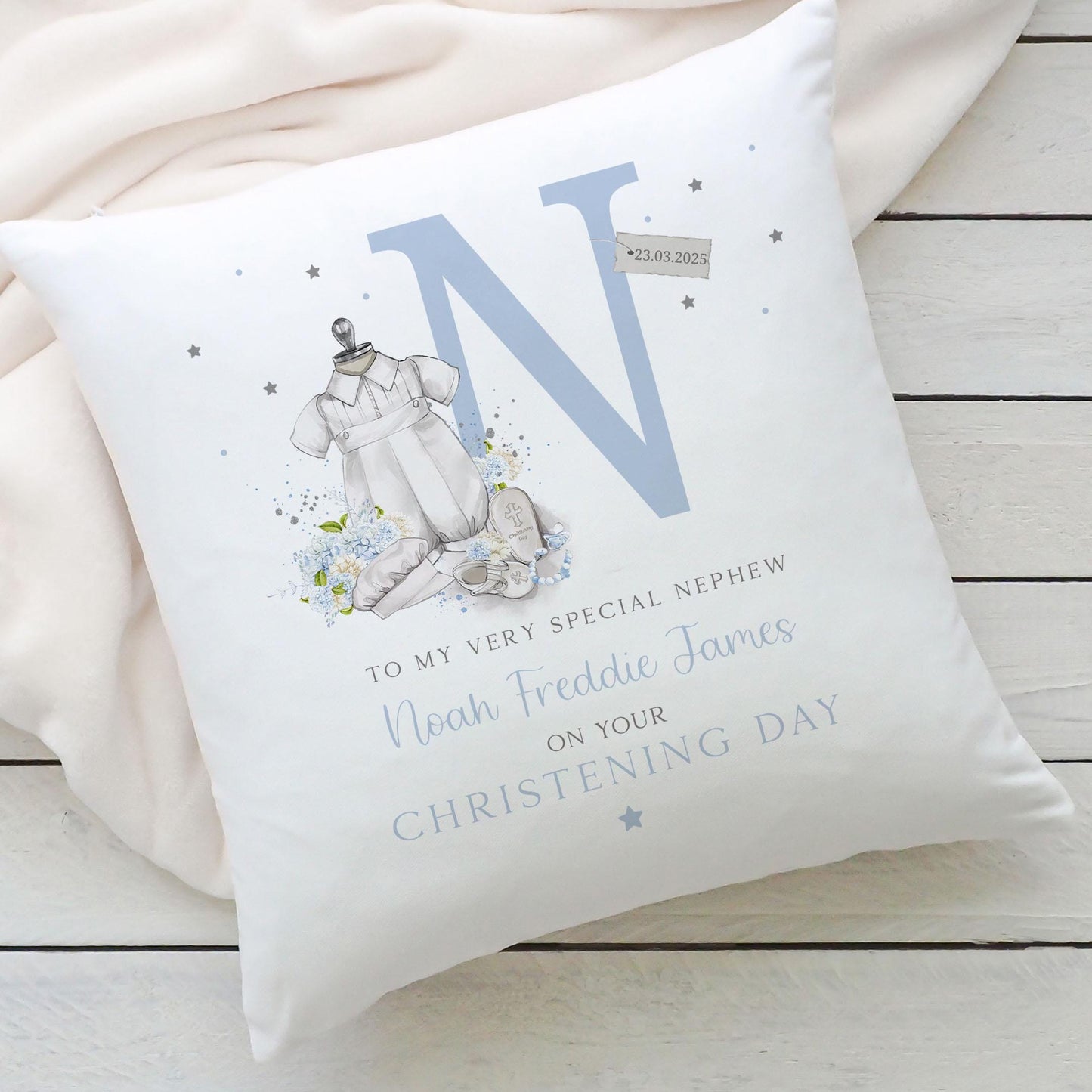 Personalised Christening Gift, Baptism Gift, Custom Christening Cushion for Boys, Christening Gift for Son, for Grandson, for Godson