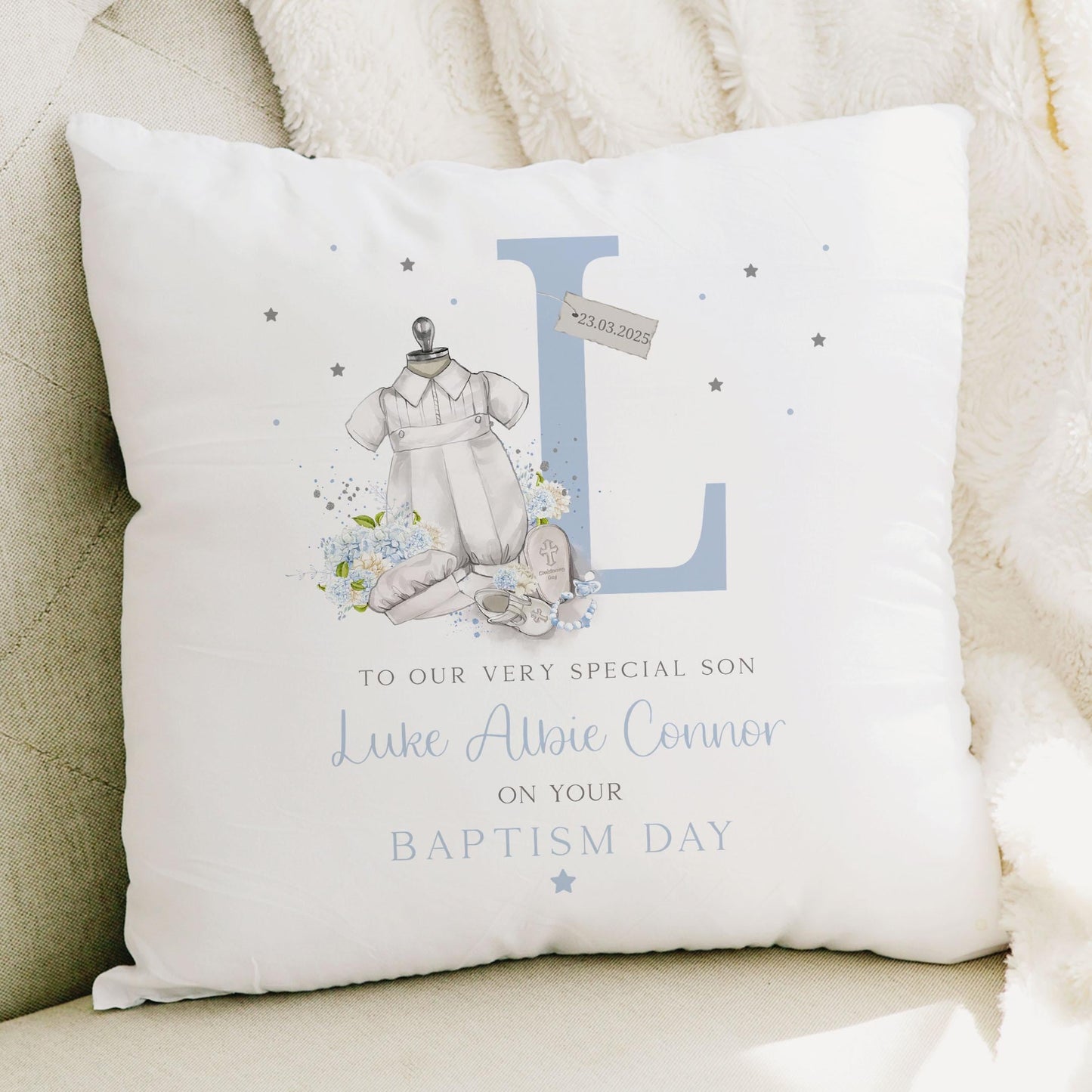 Personalised Christening Gift, Baptism Gift, Custom Christening Cushion for Boys, Christening Gift for Son, for Grandson, for Godson