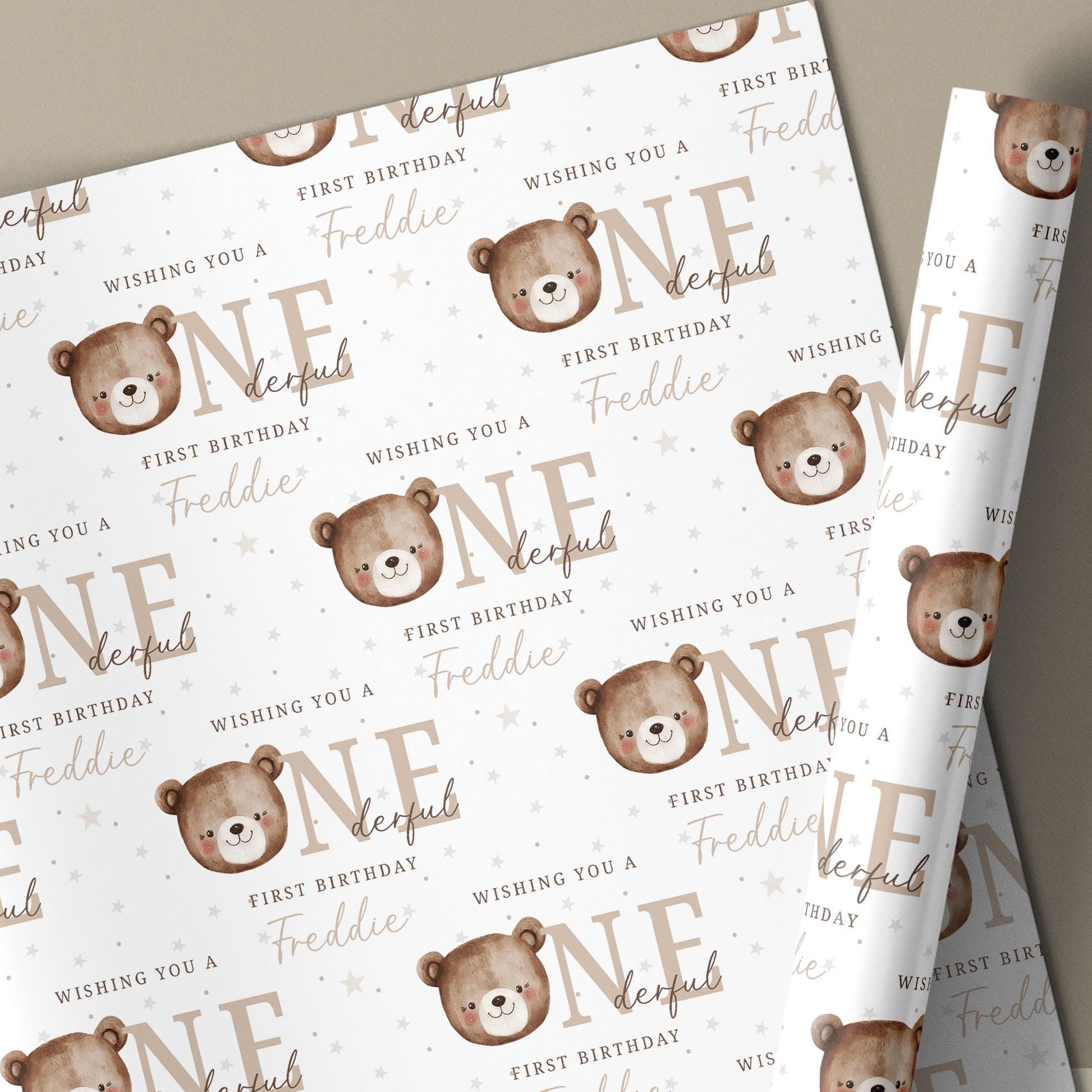 Teddy Bear First Birthday Gift Wrapping Paper, Personalised 1st Birthday Gift Wrap and Card for Son, Grandson, Nephew, Godson, Little Boy
