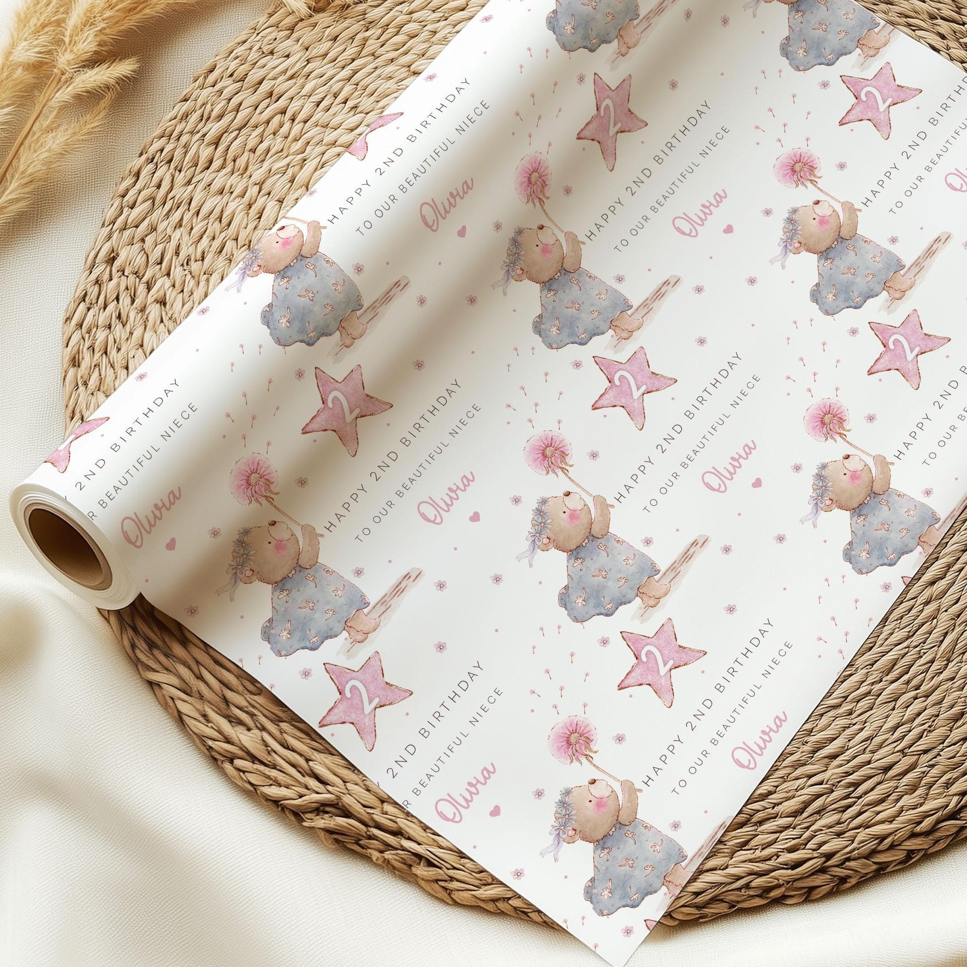 Girl's Birthday Gift Wrapping Paper, Personalised 2nd, 3rd, 4th Any Age Birthday Gift Wrap & Card for Daughter, Granddaughter, Niece, Girls