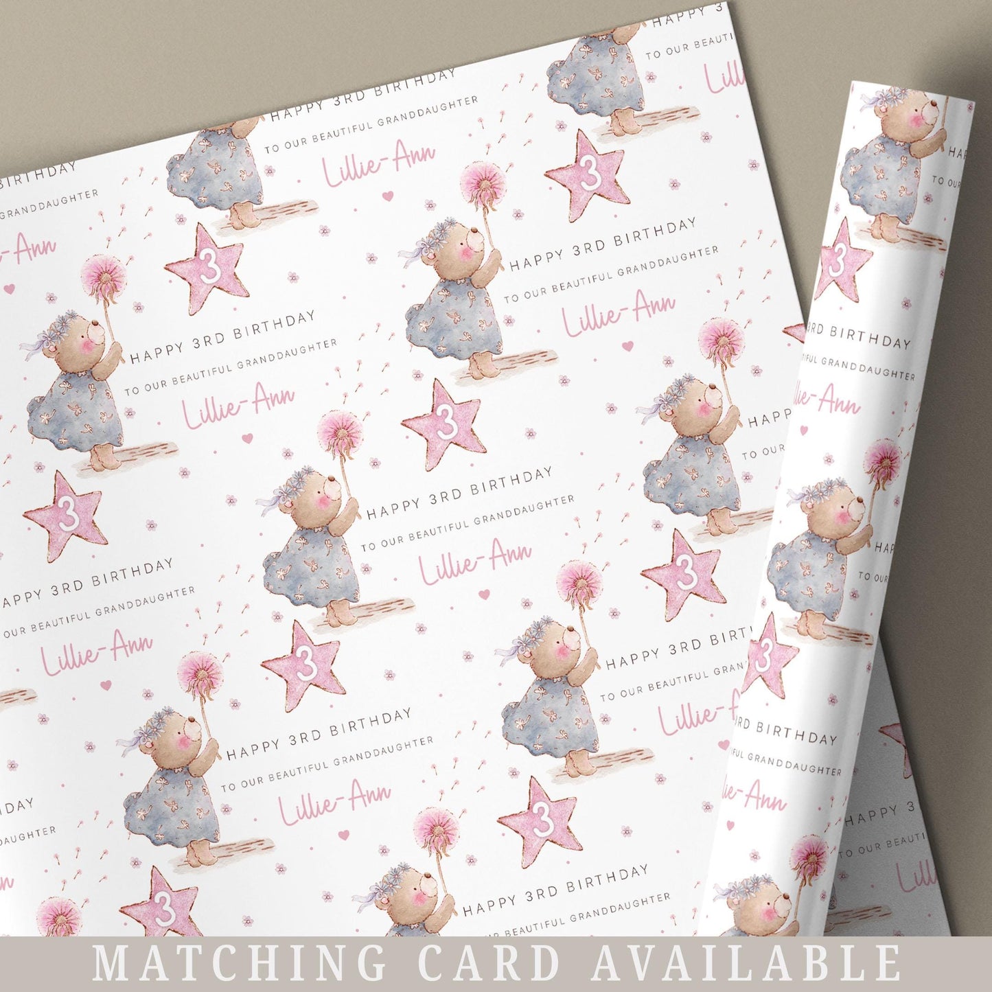 Girl's Birthday Gift Wrapping Paper, Personalised 2nd, 3rd, 4th Any Age Birthday Gift Wrap & Card for Daughter, Granddaughter, Niece, Girls