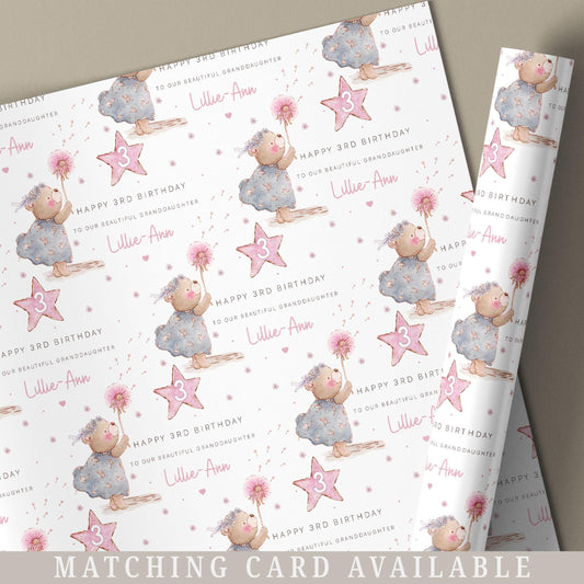 Girl's Birthday Gift Wrapping Paper, Personalised 2nd, 3rd, 4th Any Age Birthday Gift Wrap & Card for Daughter, Granddaughter, Niece, Girls