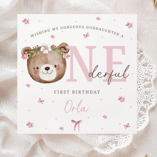 First Birthday Card, Personalised Girl's 1st Birthday Card for Daughter, Granddaughter, Niece, Goddaughter, Girl, Teddy Bear Onederful Card