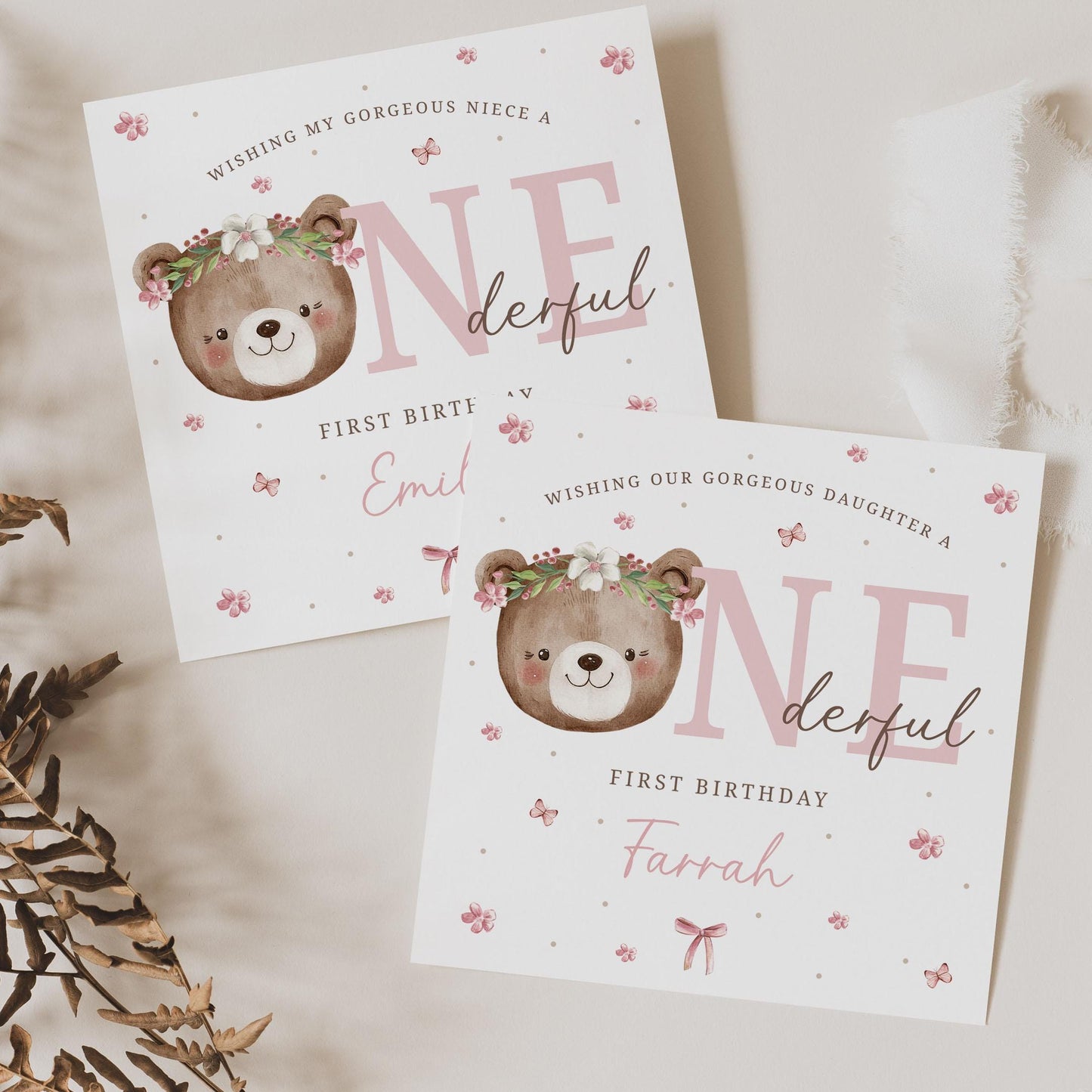 First Birthday Card, Personalised Girl's 1st Birthday Card for Daughter, Granddaughter, Niece, Goddaughter, Girl, Teddy Bear Onederful Card