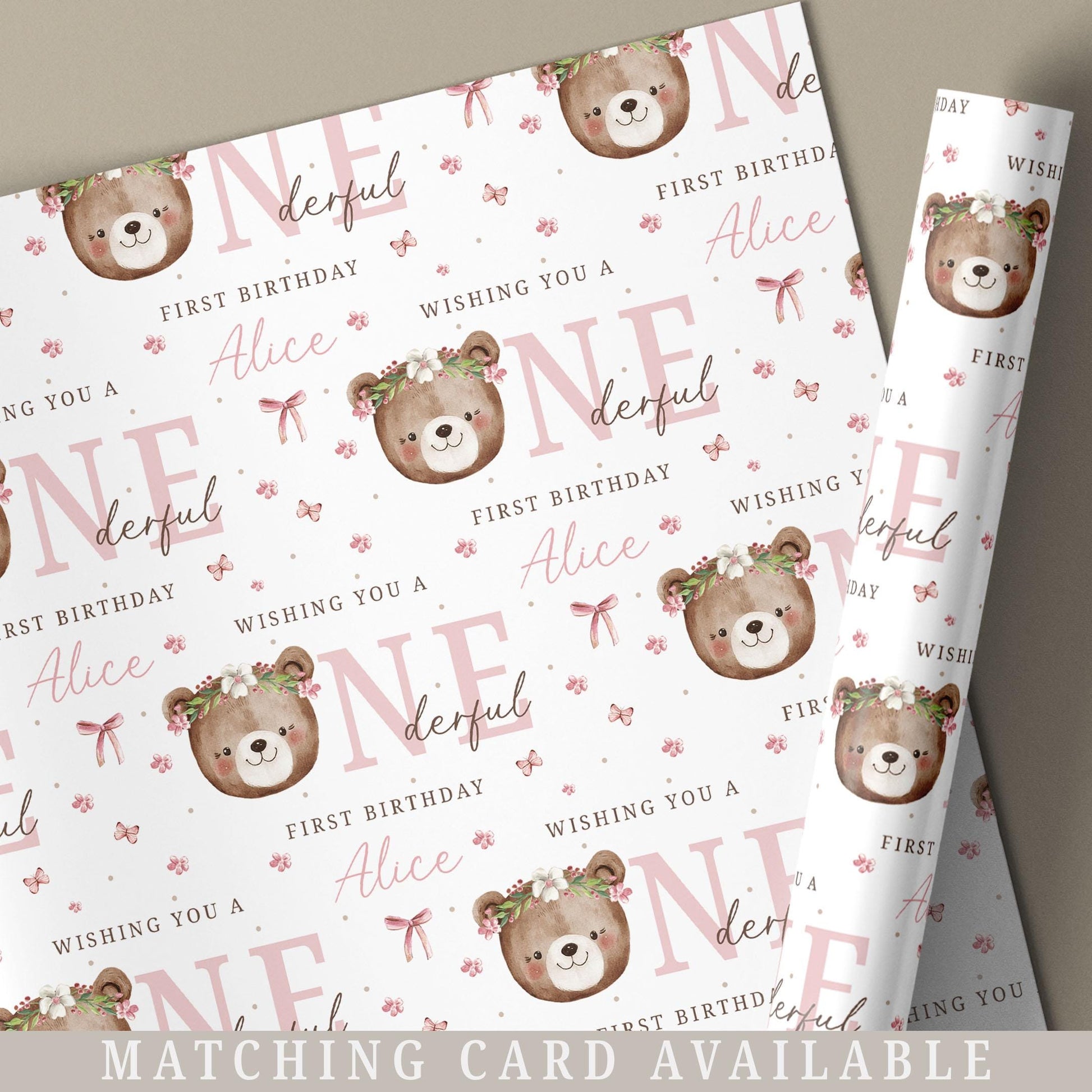 Teddy Bear First Birthday Gift Wrapping Paper, Personalised 1st Birthday Gift Wrap and Card for Daughter, Granddaughter, Niece, Goddaughter