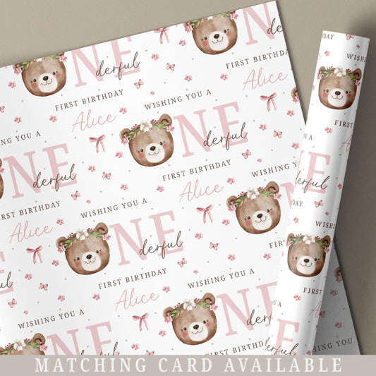 Teddy Bear First Birthday Gift Wrapping Paper, Personalised 1st Birthday Gift Wrap and Card for Daughter, Granddaughter, Niece, Goddaughter