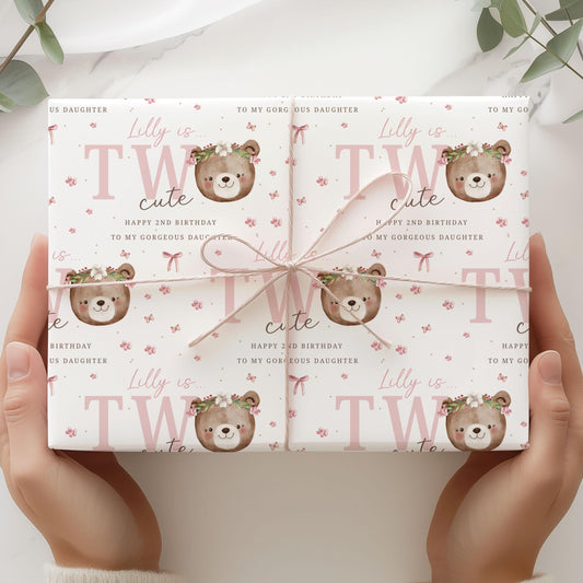 Girl's 2nd Birthday Gift Wrapping Paper, Personalised Second Birthday Gift Wrap for Daughter, Granddaughter, Niece, Pink Teddy Bear Two Cute