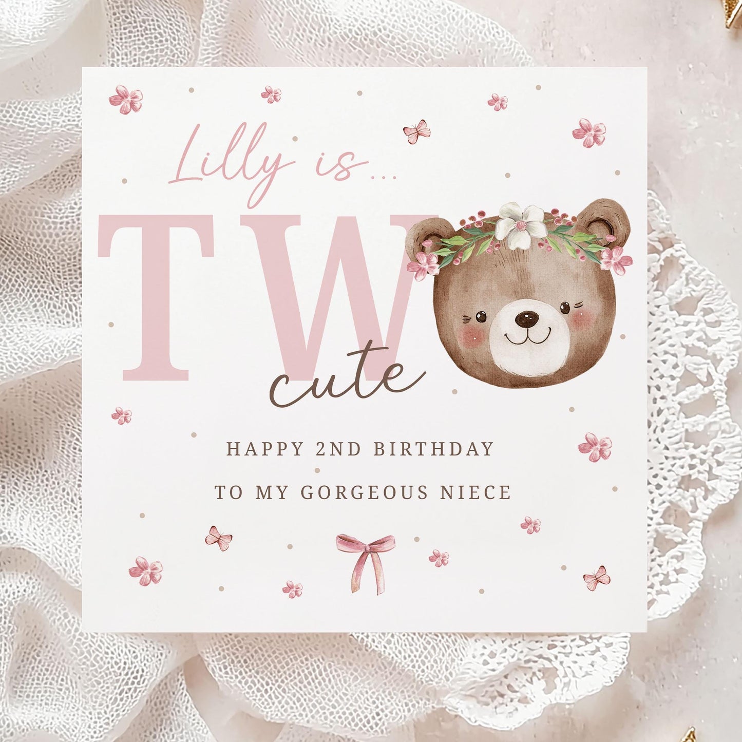 Girl's 2nd Birthday Gift Wrapping Paper, Personalised Second Birthday Gift Wrap for Daughter, Granddaughter, Niece, Pink Teddy Bear Two Cute