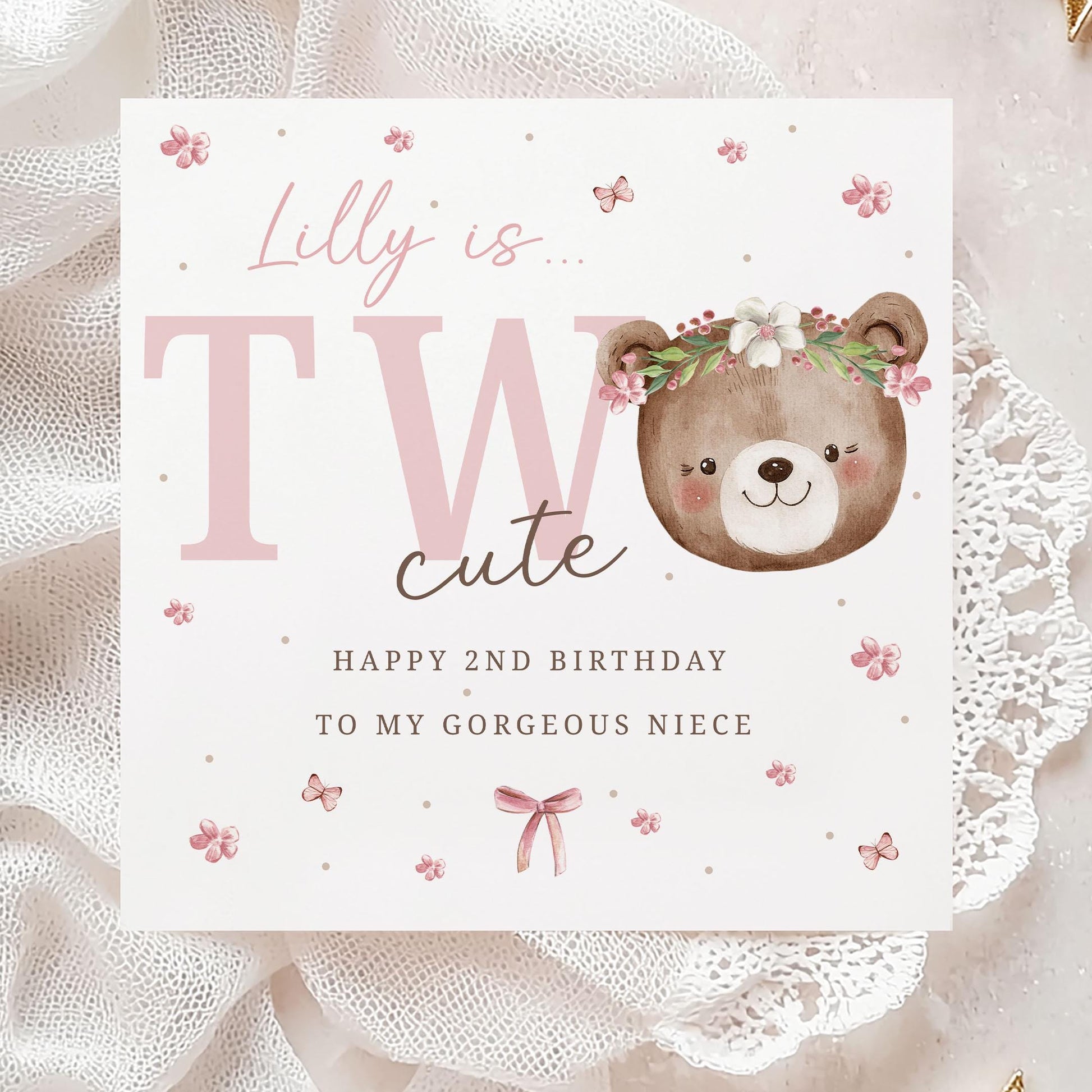 Girl's 2nd Birthday Gift Wrapping Paper, Personalised Second Birthday Gift Wrap for Daughter, Granddaughter, Niece, Pink Teddy Bear Two Cute
