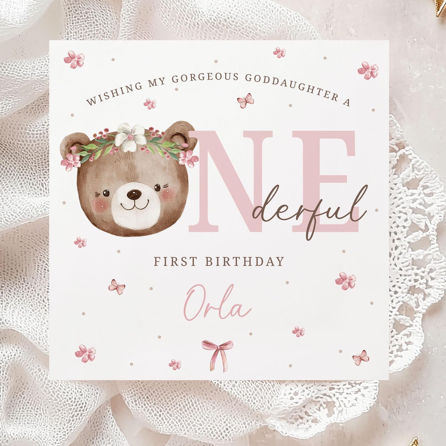 Teddy Bear First Birthday Gift Wrapping Paper, Personalised 1st Birthday Gift Wrap and Card for Daughter, Granddaughter, Niece, Goddaughter