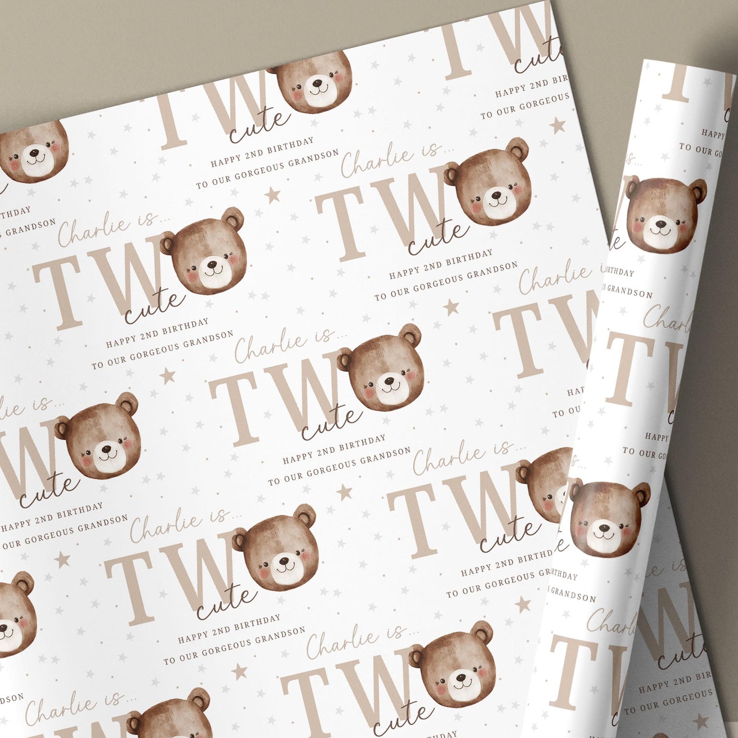 Second Birthday Card, Personalised 2nd Birthday Card for Son, Grandson, Great Grandson, Nephew, Godson, Boys, Teddy Bear Two Cute Card