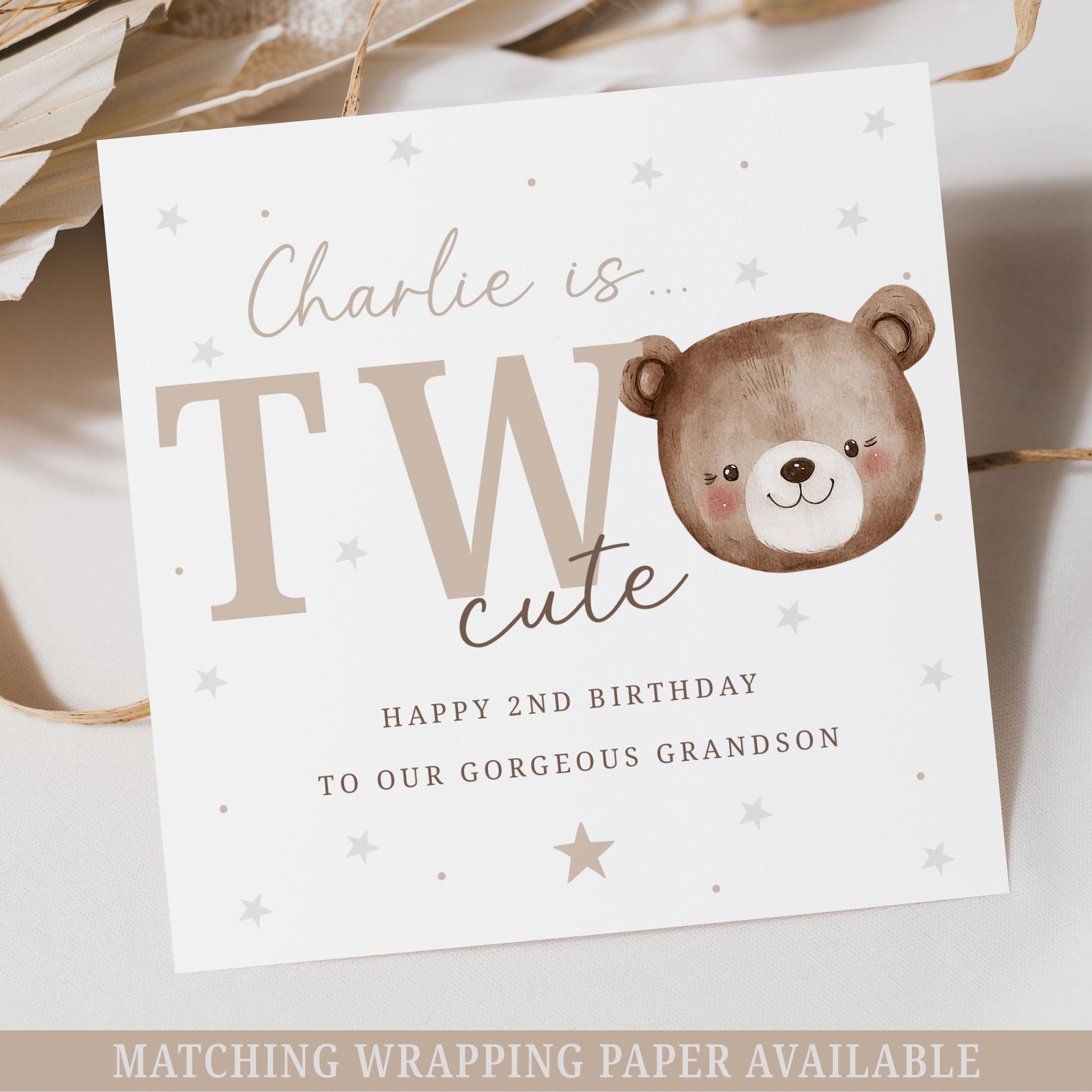 Second Birthday Card, Personalised 2nd Birthday Card for Son, Grandson, Great Grandson, Nephew, Godson, Boys, Teddy Bear Two Cute Card