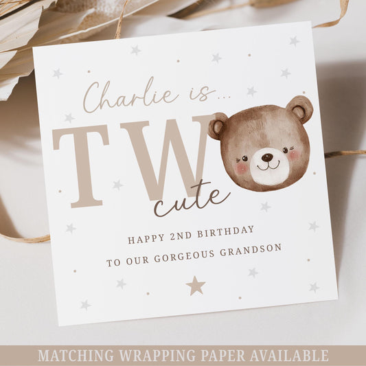 Second Birthday Card, Personalised 2nd Birthday Card for Son, Grandson, Great Grandson, Nephew, Godson, Boys, Teddy Bear Two Cute Card