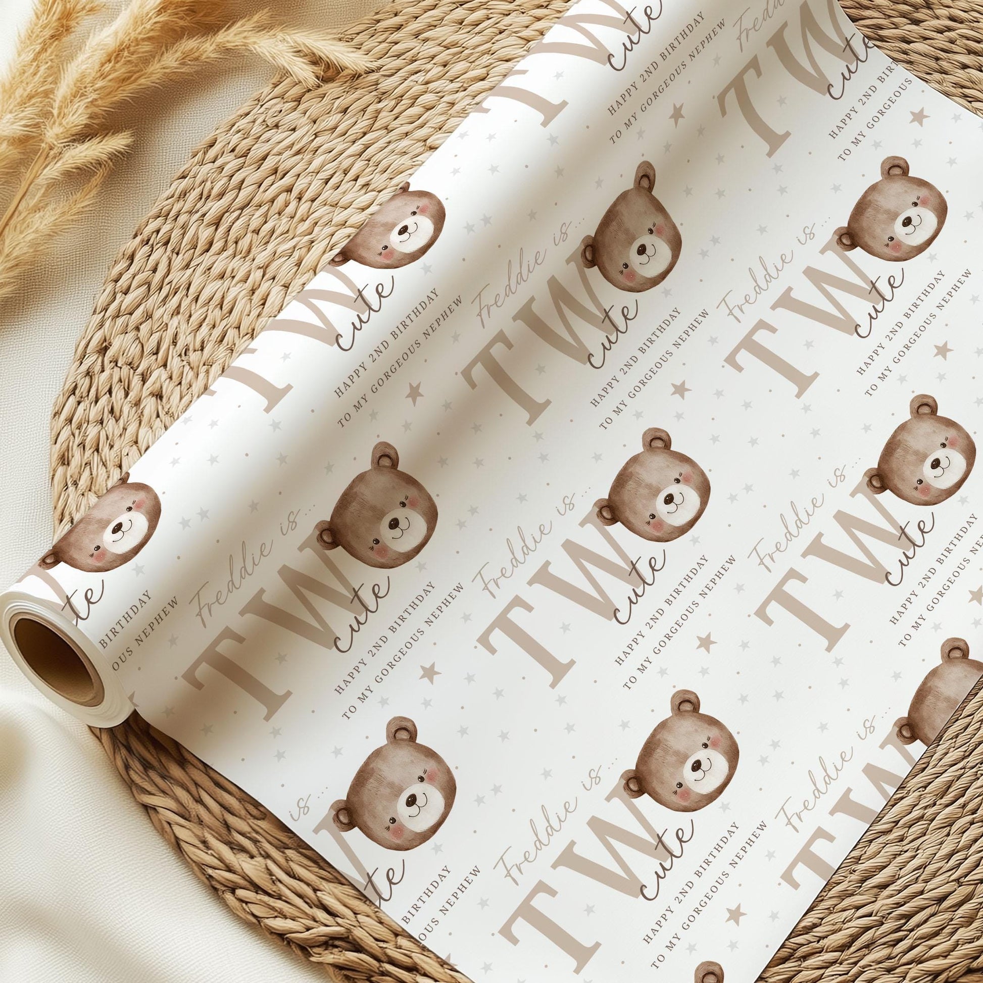 Second Birthday Gift Wrapping Paper, Personalised 2nd Birthday Gift Wrap & Card for Son, Grandson, Nephew, Godson, Boys, Teddy Bear Two Cute
