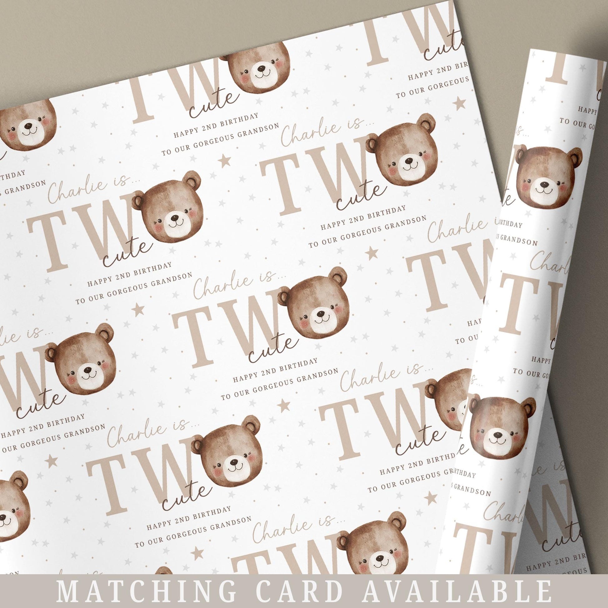 Second Birthday Gift Wrapping Paper, Personalised 2nd Birthday Gift Wrap & Card for Son, Grandson, Nephew, Godson, Boys, Teddy Bear Two Cute