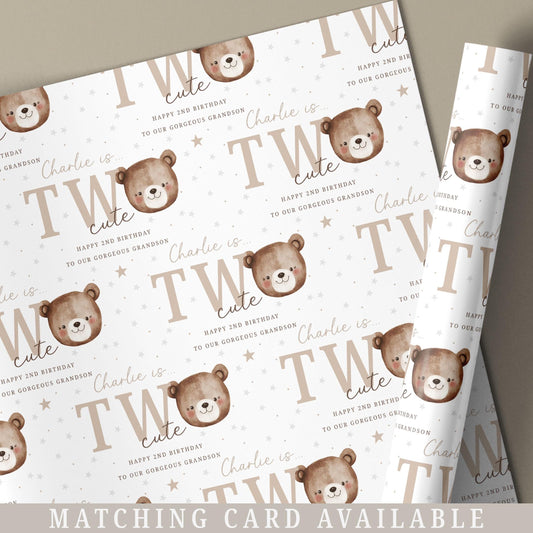 Second Birthday Gift Wrapping Paper, Personalised 2nd Birthday Gift Wrap & Card for Son, Grandson, Nephew, Godson, Boys, Teddy Bear Two Cute