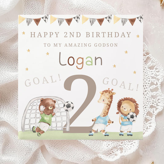 Boy's Football Birthday Card, Personalised 2nd Birthday Card, 3rd, 4th Any Age Birthday Card for Son, Grandson, Nephew, Boys, Lion, Giraffe