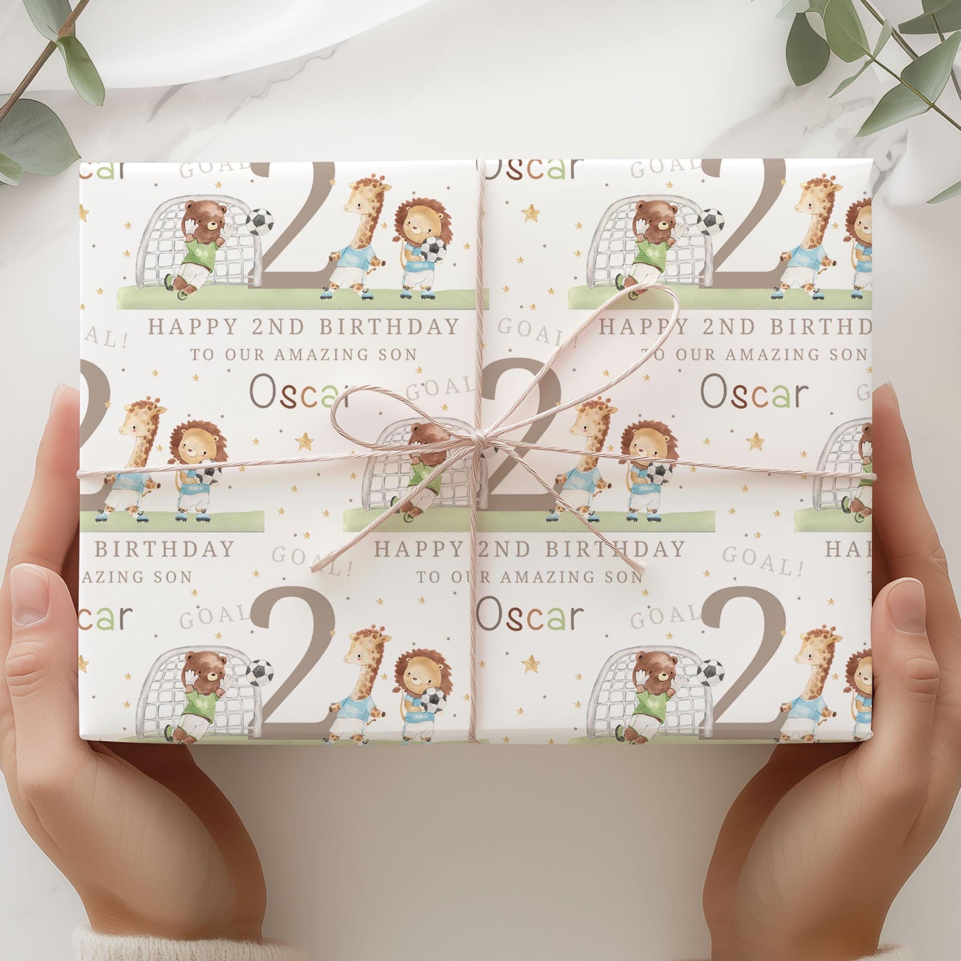 Boy's Birthday Gift Wrapping Paper, Personalised 2nd, 3rd, 4th Football Birthday Gift Wrap & Card for Son, Grandson, Nephew, Lion Giraffe