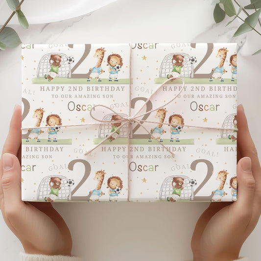 Boy's Birthday Gift Wrapping Paper, Personalised 2nd, 3rd, 4th Football Birthday Gift Wrap & Card for Son, Grandson, Nephew, Lion Giraffe