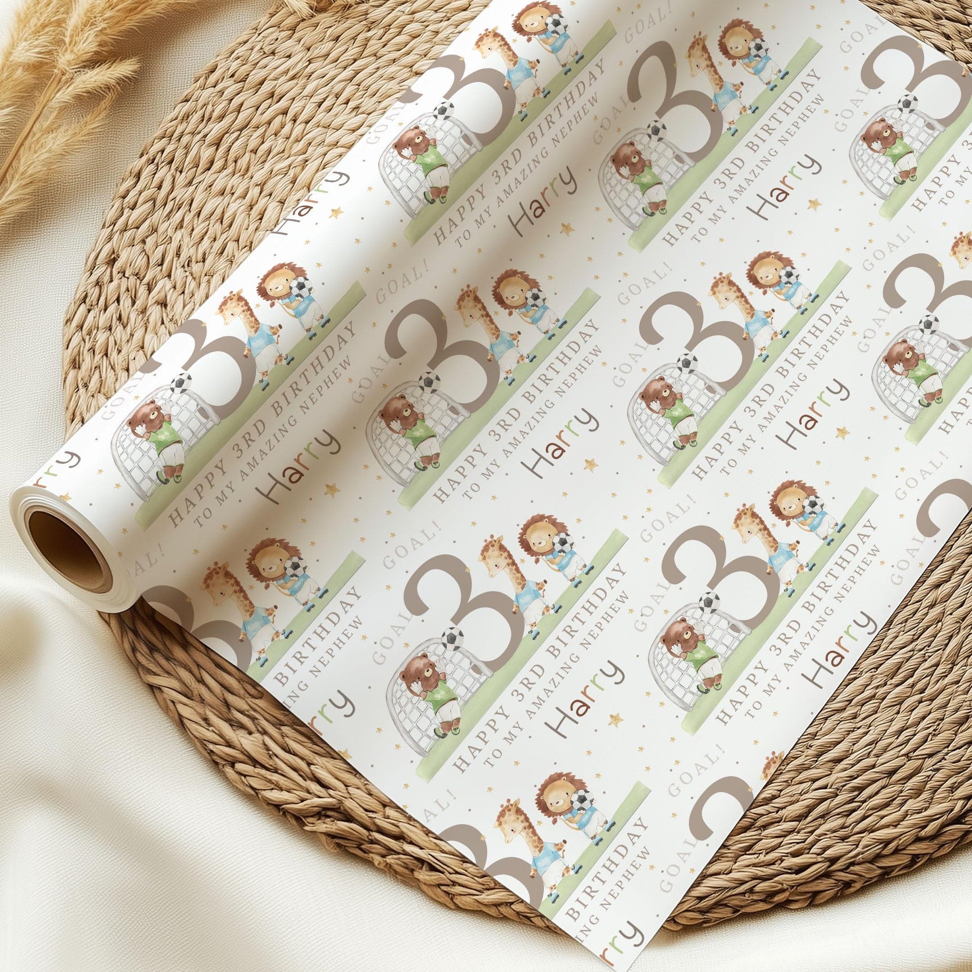 Boy's Birthday Gift Wrapping Paper, Personalised 2nd, 3rd, 4th Football Birthday Gift Wrap & Card for Son, Grandson, Nephew, Lion Giraffe
