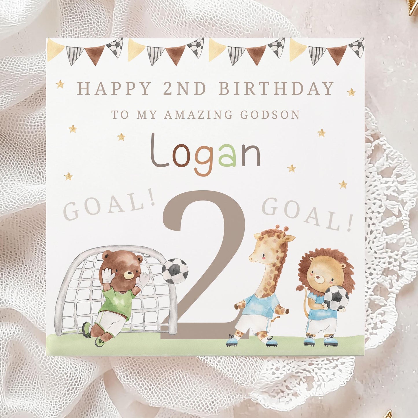 Boy's Birthday Gift Wrapping Paper, Personalised 2nd, 3rd, 4th Football Birthday Gift Wrap & Card for Son, Grandson, Nephew, Lion Giraffe