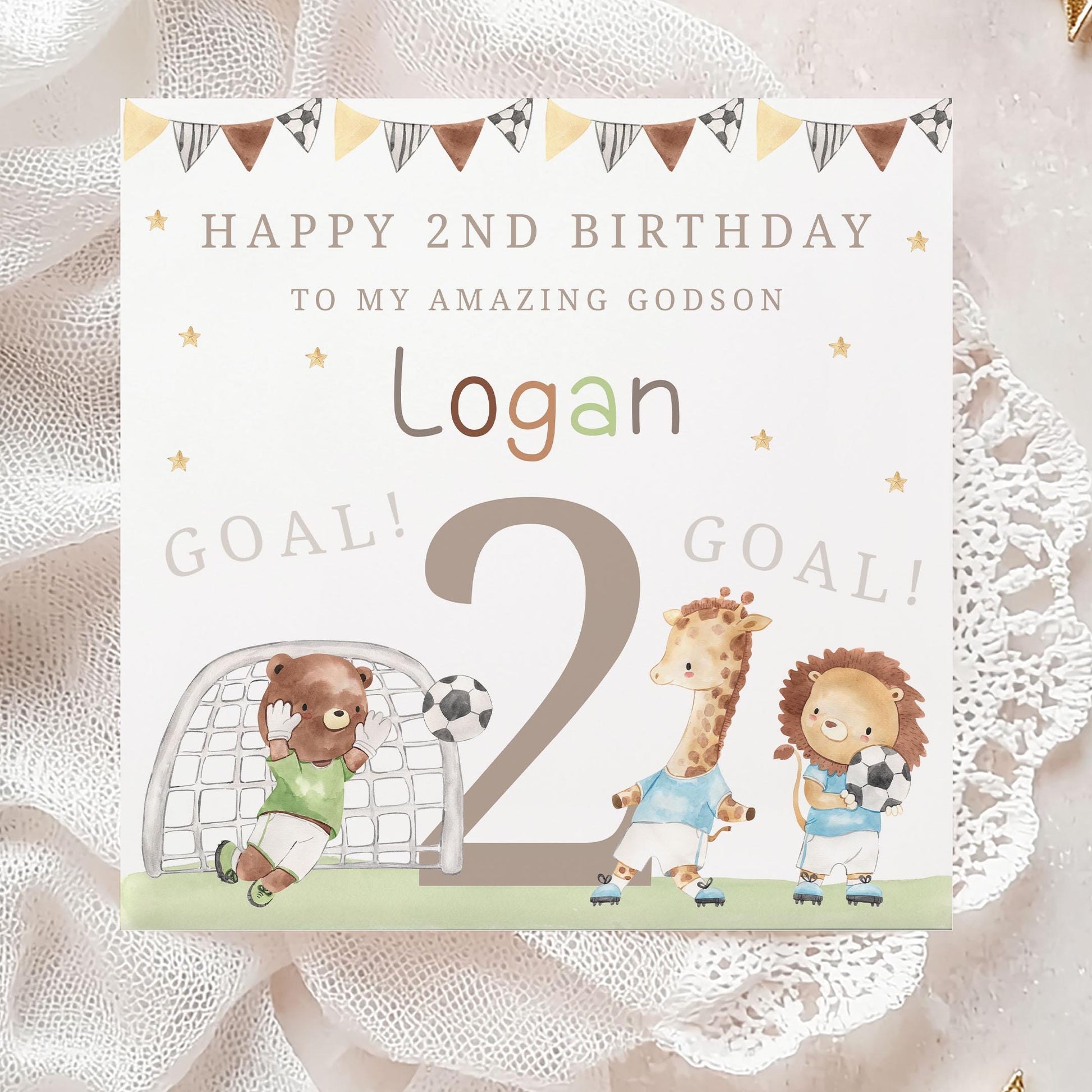 Boy's Birthday Gift Wrapping Paper, Personalised 2nd, 3rd, 4th Football Birthday Gift Wrap & Card for Son, Grandson, Nephew, Lion Giraffe