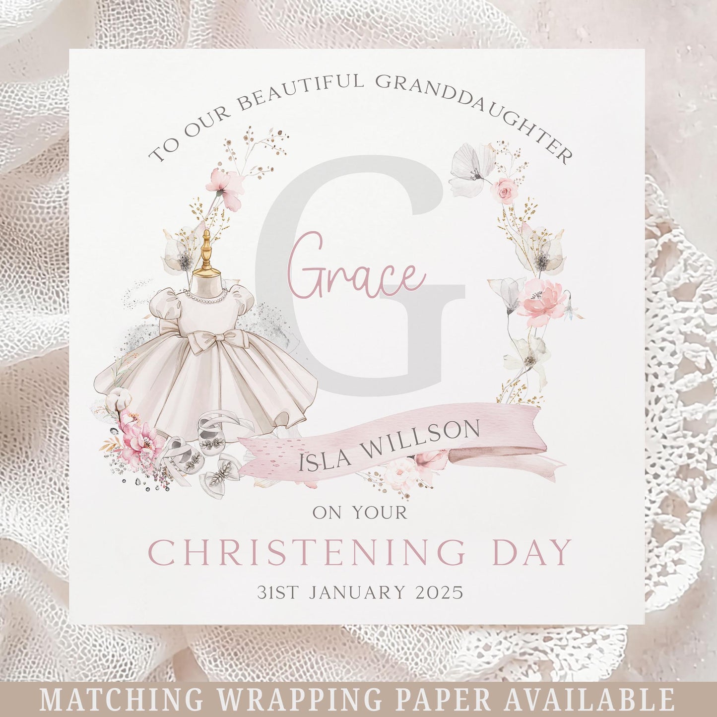 Girl's Christening Card, Girl's Baptism Card, Personalised Christening Card & Gift Wrap for Daughter, Granddaughter, Goddaughter, Niece