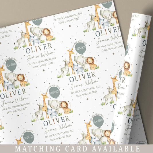 Christening, Baptism Gift Wrapping Paper, Personalised Christening Gift Wrap & Card for Son, Daughter, Grandson, Granddaughter, Safari Theme