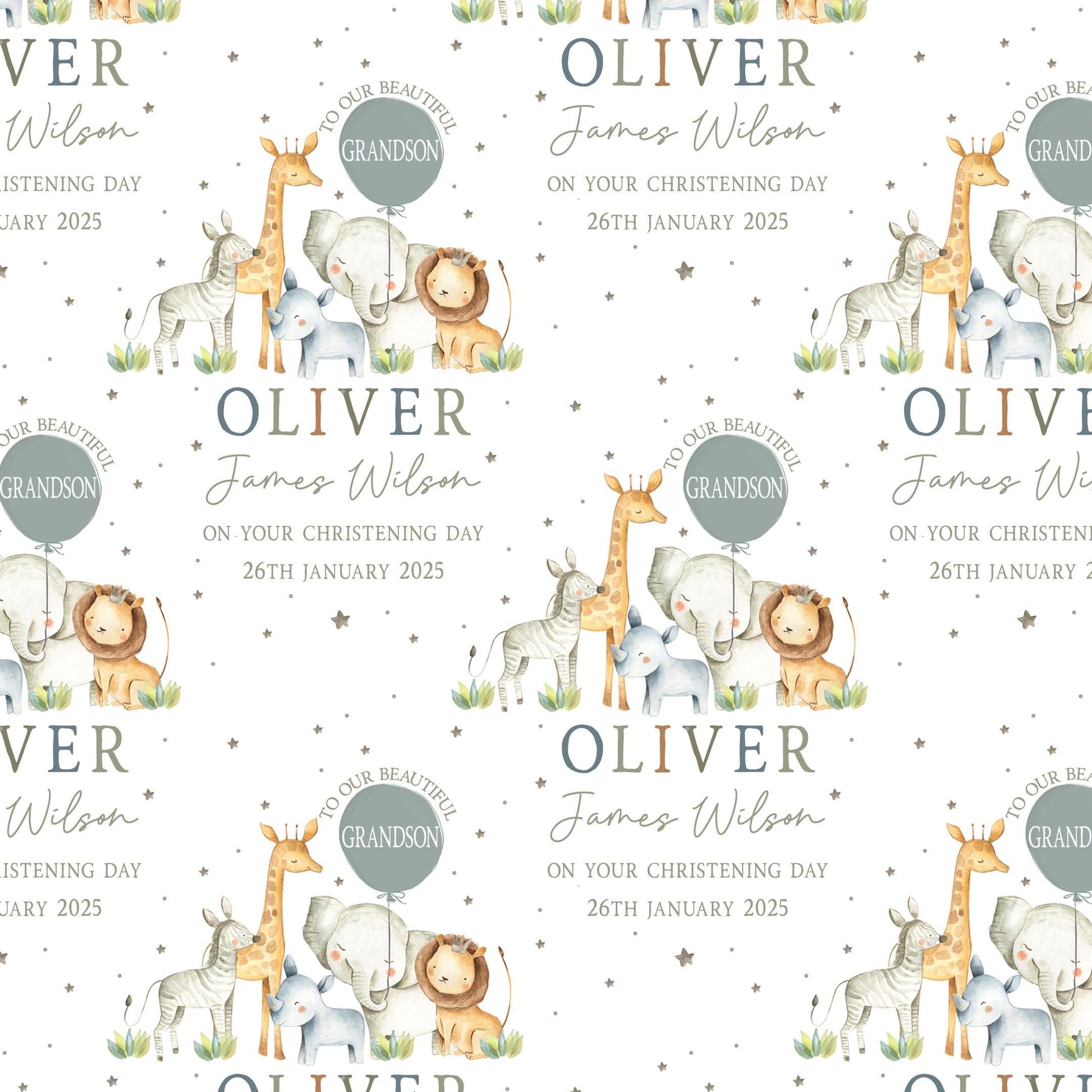 Christening, Baptism Gift Wrapping Paper, Personalised Christening Gift Wrap & Card for Son, Daughter, Grandson, Granddaughter, Safari Theme