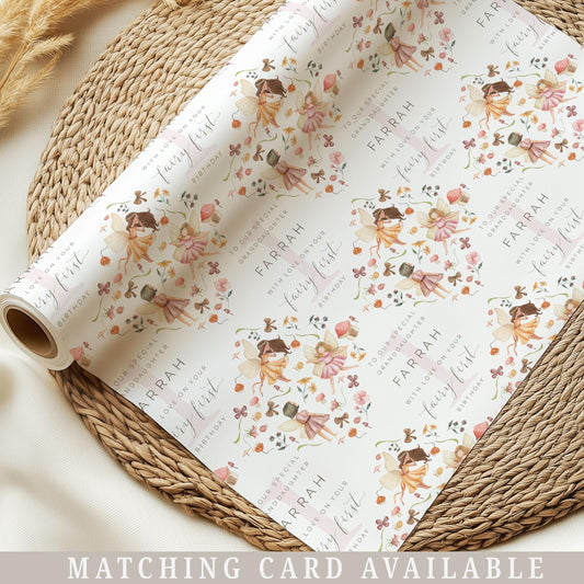 Fairy First Birthday Gift Wrapping Paper, Personalised Fairy 1st Birthday Gift Wrap & Card for Daughter, Granddaughter, Niece, Little Girl
