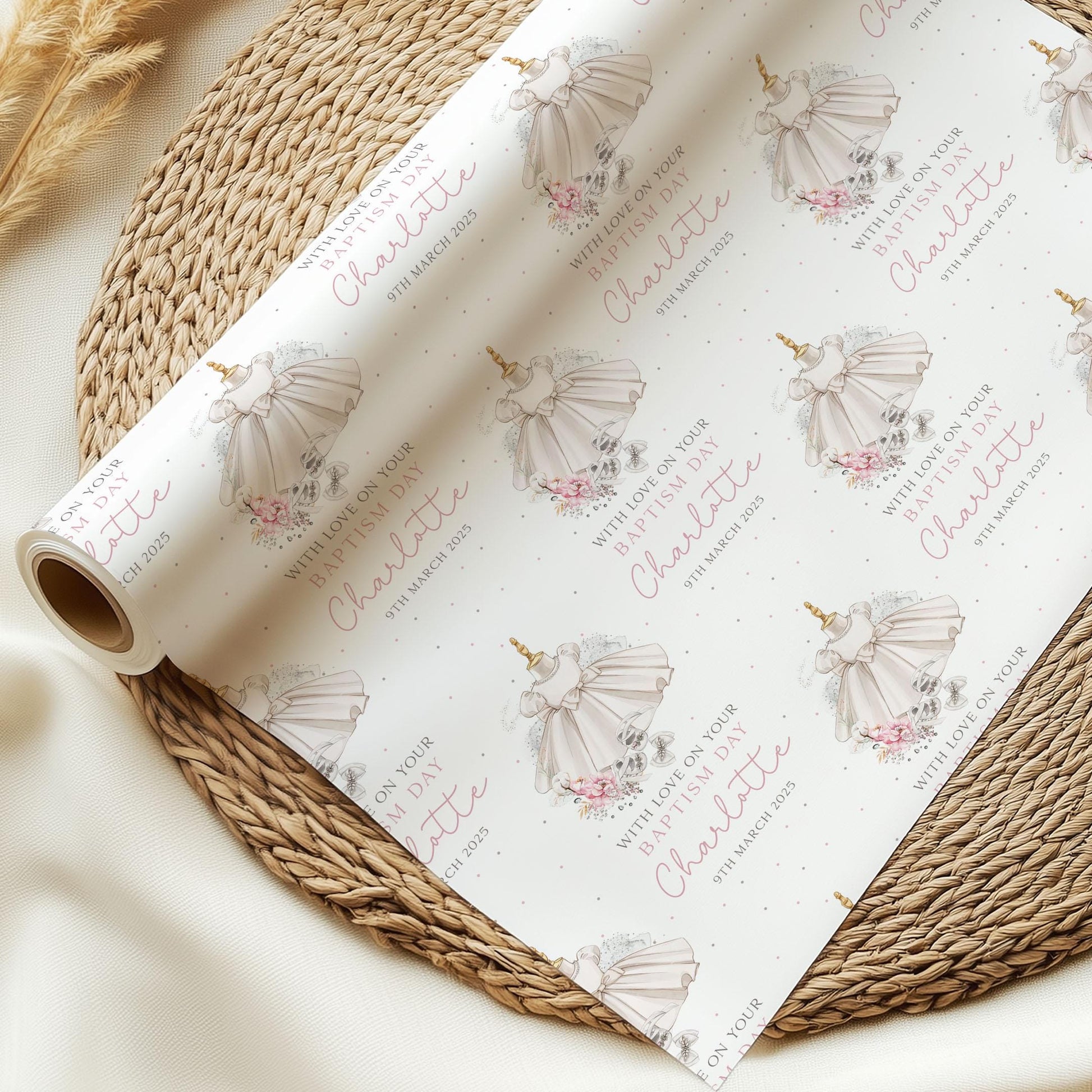 Baby Girl's Christening Baptism Gift Wrapping Paper, Personalised Girl's Christening, Baptism Gift Wrap and Card for Daughter, Granddaughter