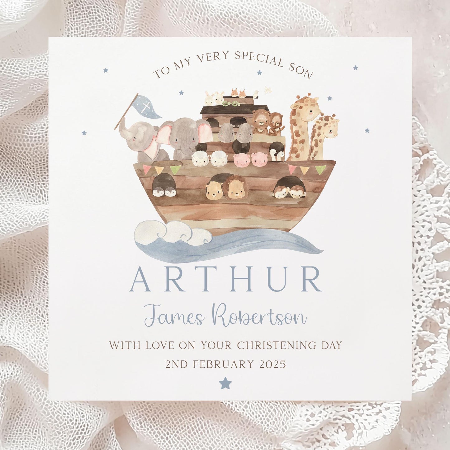 Personalised Girl's & Boy's Noah's Ark Christening/Baptism Card