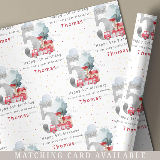 Fire Engine Birthday Gift Wrapping Paper, Personalised 2nd, 3rd, 4th Any Age Fire Engine Birthday Gift Wrap & Card for Son, Grandson, Nephew