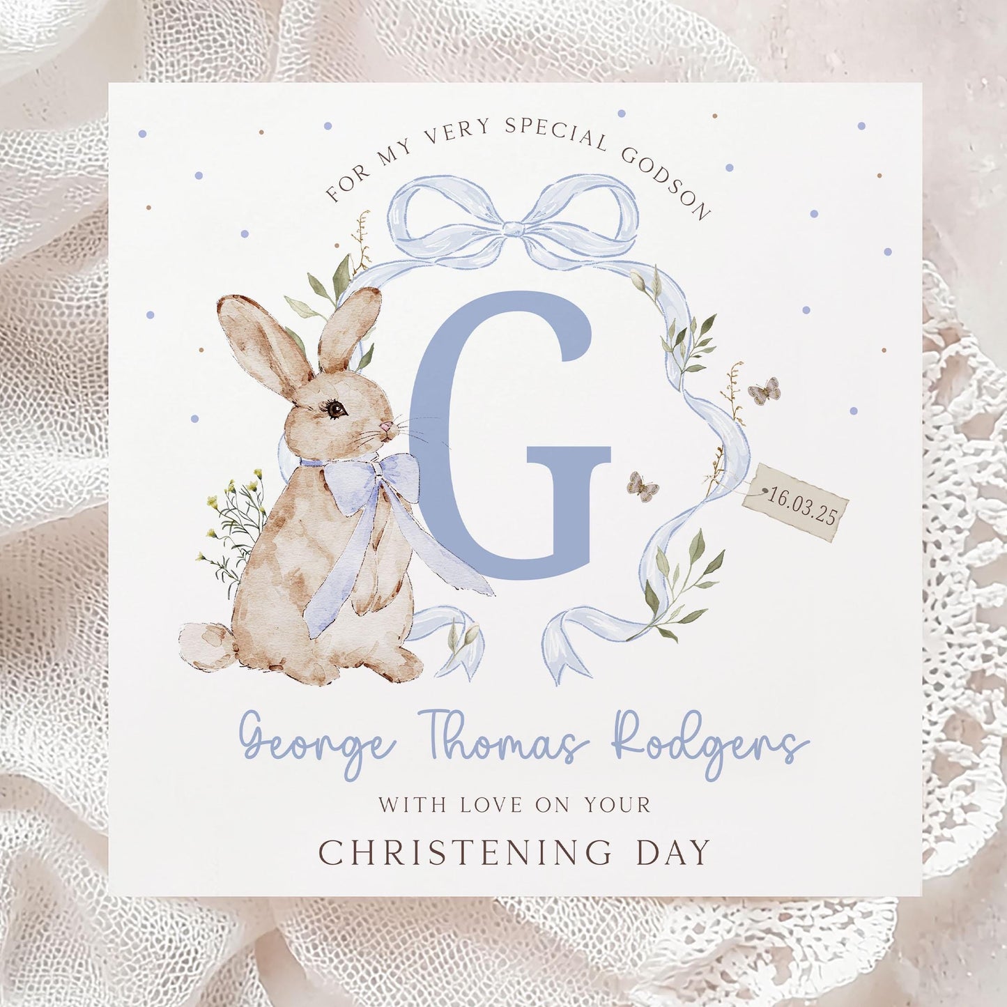 Baby Boy's Christening, Baptism, Naming Day Wrapping Paper, Personalised Christening Gift Wrap Son, Grandson, Godson, Nephew, Blue Bunny