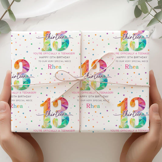13th Birthday Gift Wrapping Paper for Her, Personalised Happy 13th Birthday Gift Wrap for Daughter, Granddaughter, Niece, Sister, Teenager