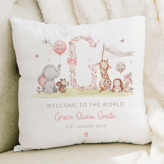 Personalised New Baby Cushion, New Baby Girl Gift, Welcome Baby Girl, Nursery Decor, Baby Girl Nursery Pillow, Personalised Name Birth Stats