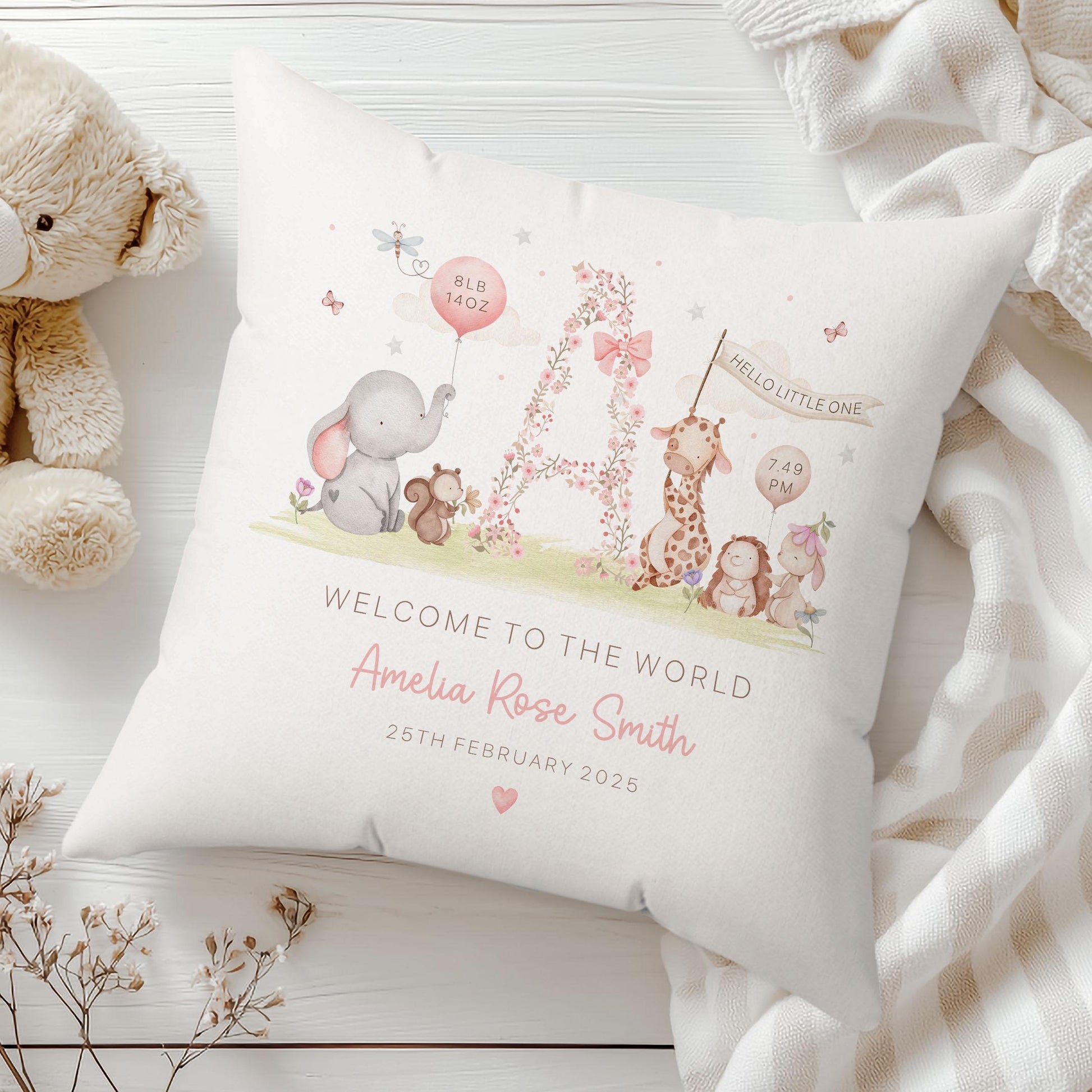 Personalised New Baby Cushion, New Baby Girl Gift, Welcome Baby Girl, Nursery Decor, Baby Girl Nursery Pillow, Personalised Name Birth Stats