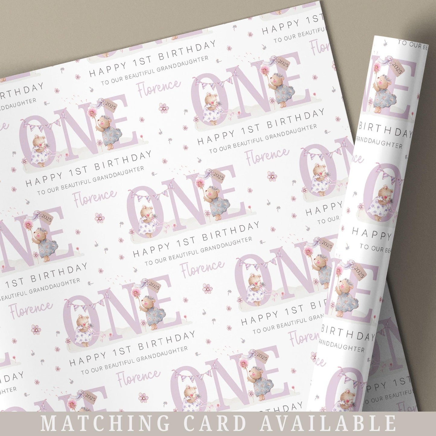 Girl's First Birthday Gift Wrapping Paper, Personalised 1st Birthday Gift Wrap & Card for Daughter, Granddaughter, Niece, Goddaughter, Girl