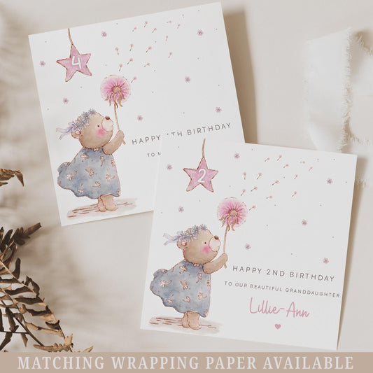 Birthday Card for Girls, Personalised 2nd Birthday Card, 3rd, 4th Any Age Birthday Card for Daughter, Granddaughter, Niece, Cute Teddy Bear