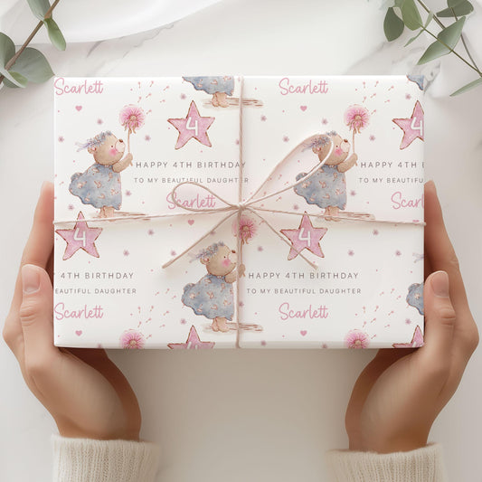 Girl's Birthday Gift Wrapping Paper, Personalised 2nd, 3rd, 4th Any Age Birthday Gift Wrap & Card for Daughter, Granddaughter, Niece, Girls