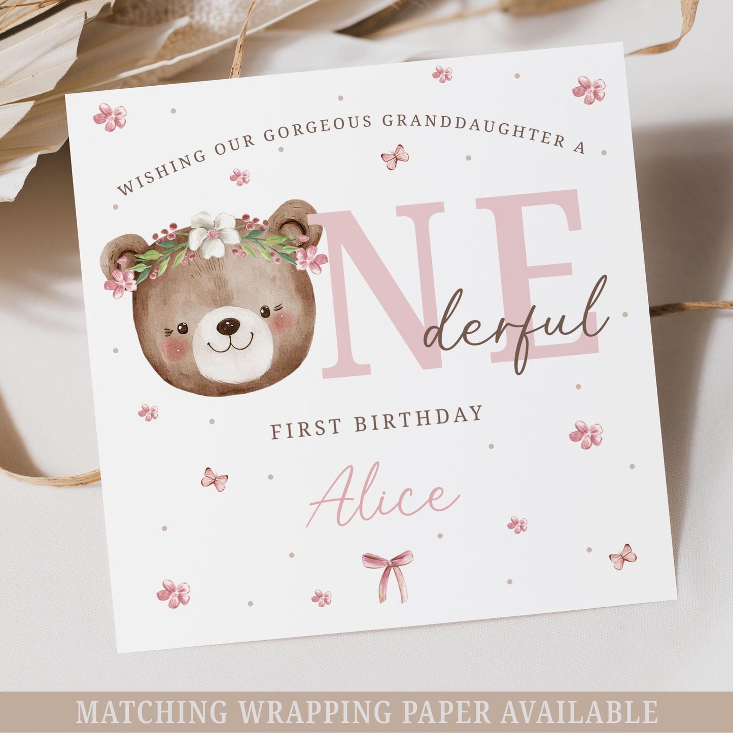 First Birthday Card, Personalised Girl's 1st Birthday Card for Daughter, Granddaughter, Niece, Goddaughter, Girl, Teddy Bear Onederful Card