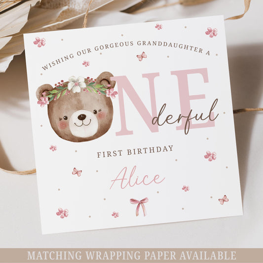 First Birthday Card, Personalised Girl's 1st Birthday Card for Daughter, Granddaughter, Niece, Goddaughter, Girl, Teddy Bear Onederful Card