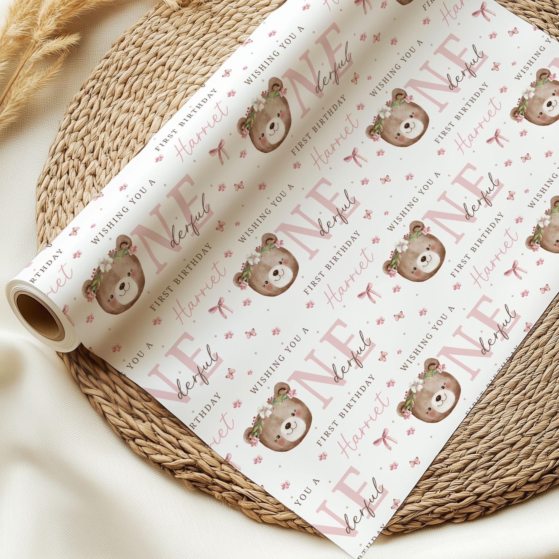 Teddy Bear First Birthday Gift Wrapping Paper, Personalised 1st Birthday Gift Wrap and Card for Daughter, Granddaughter, Niece, Goddaughter