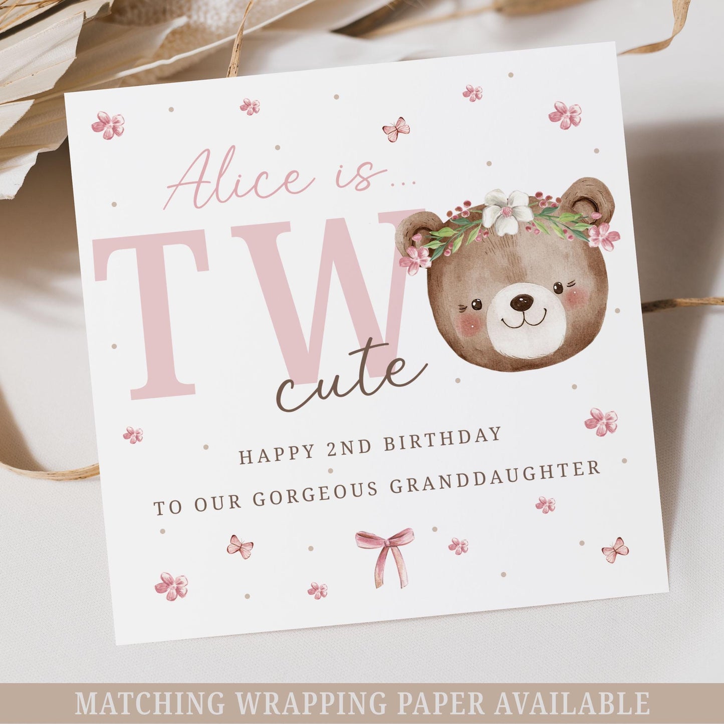 Personalised 2nd Birthday Card, Teddy Bear Second Birthday Card for Daughter, Granddaughter, Niece, Sister Two Cute Card for 2 Year Old Girl