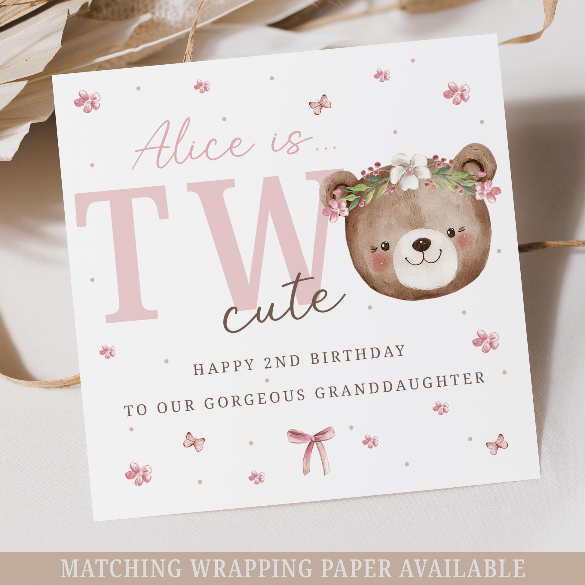 Personalised 2nd Birthday Card, Teddy Bear Second Birthday Card for Daughter, Granddaughter, Niece, Sister Two Cute Card for 2 Year Old Girl