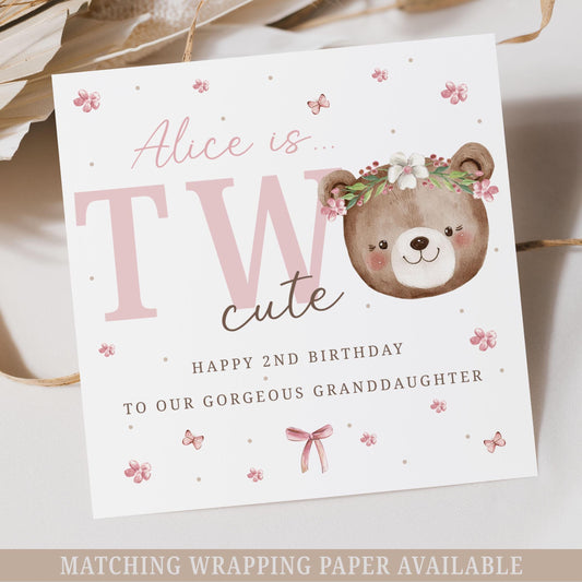 Personalised 2nd Birthday Card, Teddy Bear Second Birthday Card for Daughter, Granddaughter, Niece, Sister Two Cute Card for 2 Year Old Girl